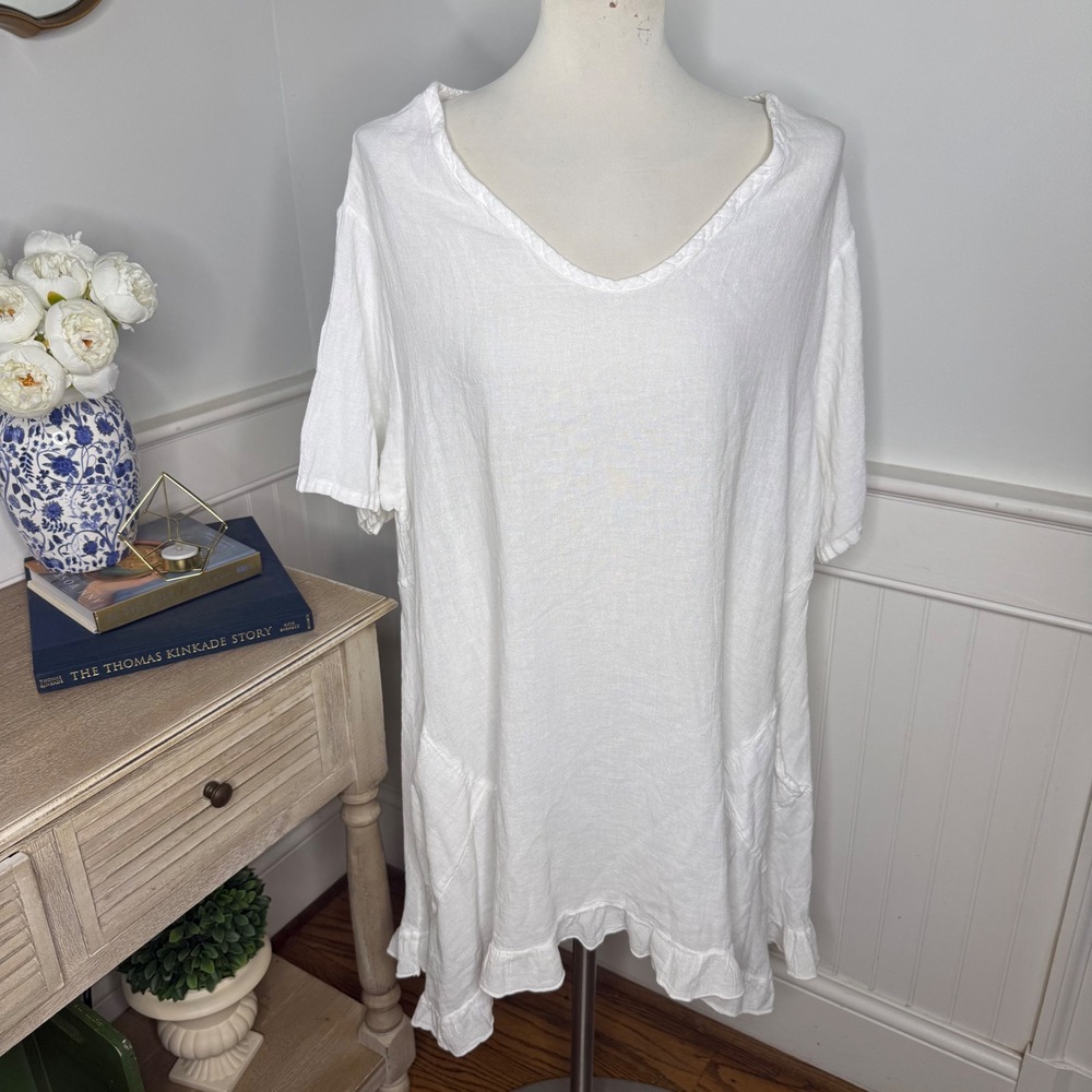 Oh My Gauze White Cotton Ruffle Hem Tunic V-Neck Pocket Top Oversized Lagenlook